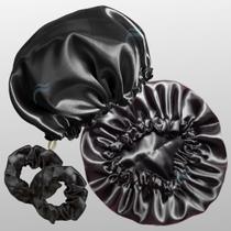 2 Touca de Cetim Dupla Face com Regulagem 2 Xuxinhas Scrunchie Antifrizz