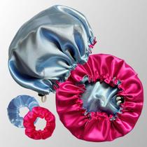 2 Touca de Cetim Dupla Face com Regulagem 2 Xuxinhas Scrunchie Antifrizz