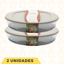 2 Travessa Assadeira Oval 1,6 L C/ Tampa Vidro Medio Forte