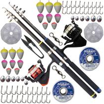 2 Vara Telescópica 2,40m+ 2 Molinete kit Completo Pesca