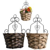 2 Vasos Suporte Cesta Fibra Palha para Pendurar Flores 24cm
