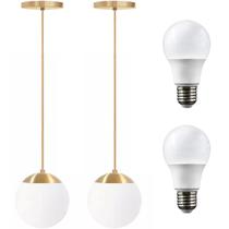 2 x Luminárias Lustre Pendente 215cm Jabuticaba Globo Vidro 15cm Teto Gimpo PJ15 + 2 Lâmpadas 9W