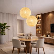 2 x Luminárias Pendentes 40cm Globo Rattan Natural Lustre Rústico Bola Teto LPR40x2