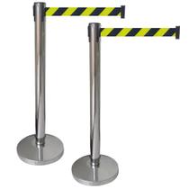 2 x Pedestal Separador Organizador de Fluxo Cromado Com Fita Retrátil Zebrada para Logística e Estoque 2 x Pedestal Separador Organizador de Fluxo Cromado Com Fita Retrátil Zebrada para Logística e Estoque