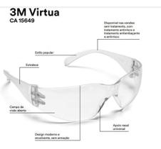 20 Óculos segurança 3M mod. virtua, incolor, com antirrisco e antiembaçante CA 15.649