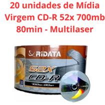 20 unidades de Mídia Virgem CD-R 52x 700mb 80min c/ envelopes- Ridata 20 unidades de Mídia Virgem CD-R 52x 700mb 80min c/ envelopes- Ridata