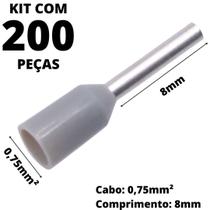 200un Terminal Tubular Ilhós Pré-isolado Simples Para Cabo de 0,75mm² Metal 8mm Cinza E7508