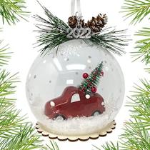 2022 Red Truck Ornament - Enfeite de Bola da Árvore de Natal com Pinhas e Vegetação - Bulbo Branco Cheio de Neve com Flocos de Neve Pintados Brilhantes