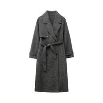 2025 nova mistura de lã feminina lapela com cinto duplo breasted casaco de lã feminino trench coat