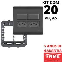 20un Interruptor Simples 10A 2 Teclas e Tomada Padrão Dupla 2P+T 20A Com Placa 4X4 Habitat Black FAME