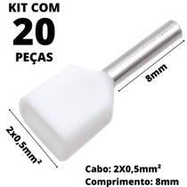 20un Terminal Tubular Ilhós Pré-isolado Duplo Para Cabo de 0,50mm² Metal 8mm Branco TE0508