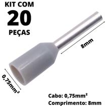 20un Terminal Tubular Ilhós Pré-isolado Simples Para Cabo de 0,75mm² Metal 8mm Cinza E7508