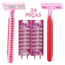 24 Aparelhos de Barbear Rosa Descartáveis Antialérgico para Depilação 3 Lâminas e Fita Lubrificante 24 Aparelhos de Barbear Rosa Descartáveis Antialérgico para Depilação 3 Lâminas e Fita Lubrificante