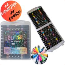 24 Canetas Hidrografica Com Glitter Ponta Dupla 48 Cores Ref. JF494