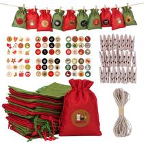 24 conjuntos de calendário de advento de natal saco de cordão com adesivos clipes de madeira cordas diy pendurado contagem regressiva bolsa de presente de doces - 10x14cm