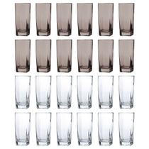 24 Copos de Vidro 320ML Cinza e Transparente Quadrado
