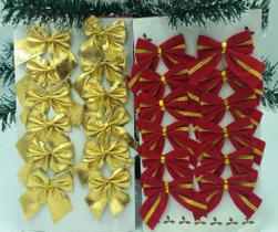 24 Lindos Laços Dourados E Vermelhos 6 Cm P/ Árvore Natal