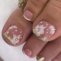24 Peças De Unhas Postiças Francesas Com Glitter, Cristal, Diamante, Decoração, Cabeça Quadrada,