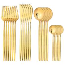 24 Peças Talheres Dourado de Aço Inox Garfo Colher Faca De Mesa