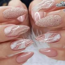 24 Unhas Postiças Longas com Glitter Francês - Kit com Cola e Lixa