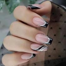 24 unidades de unhas curtas com glitter francês com 1 gel gelatinosa e 1 lixa de unha