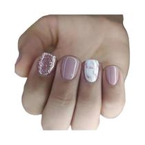 24 unidades de unhas curtas francesas brilhantes com glitter com 1 gel gelatinosa e 1 lixa de unha