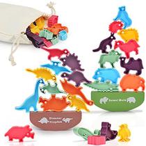 24PCS Dinosaur Stacking Toy Game for Kids 2 Sets in 1, Montessori Learning Balance Building Blocks, Brinquedo STEM Educacional com Saco de Armazenamento, Presente de Aniversário para Crianças, Meninos e Meninas 3 4 5 6 7 Anos - Fuzzy Pixie
