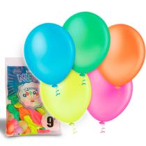 25 Balão Bexiga Festa Neon - Número 9 Polegadas 23cm Cheio Efeito Luminoso Decoração Atacado Para Aniversários Baladas Brilha na Luz Negra