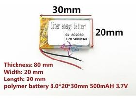 (2pcs) Bateria 8mm X 20mm X 30mm 2 Fios 500 Mah 802030