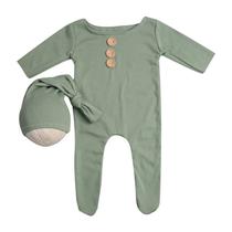 2Pcs/Set Newborn Baby Long Romper Jumpsuit com botões de chapéu atado solidamente cor infantil coverall photo fotografia prop roupas fantasia - Verde