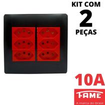 2un Tomada Padrão Sextupla 2P+T 10A 4X4 Vermelha Com Placa Habitat Black FAME