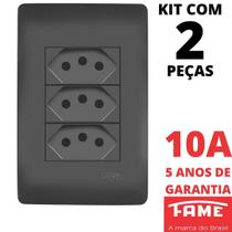 2un Tomada Padrão Tripla 2P+T 10A Com Placa Habitat Black FAME