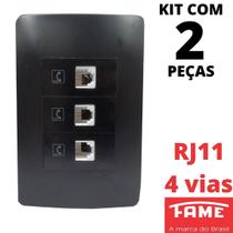 2un Tomada Telefone RJ11 4 Vias Tripla Com Placa Habitat Black FAME