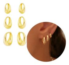 2X 3 Pares Brinco Trio De Argola Gota Clicker Ouro 18K Banha