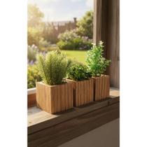 2x 3 Vasos Decorativos Madeira Com Plantas Artificiais