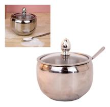 2X Açucareiro De Luxo Aço Inox Com Tampa De Vidro Colher 9X9