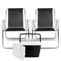 2x Cadeiras de Praia Alta Lazy Alumínio Suporta 110kg Preta + Caixa Térmica 12L Preta/Branca