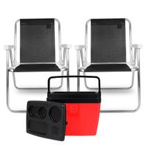 2x Cadeiras de Praia Alta Lazy Alumínio Suporta 110kg Preta + Caixa Térmica 12L Vermelha/Preta