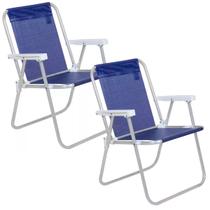 2x Cadeiras de Praia Piscina Camping Pescaria Suporta ate 110kg Alta Lazy Alumínio Azul Marinho Bel