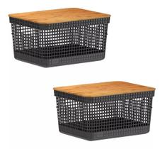 2x Caixa Organizadora Cesto Tampa De Bambu 8 Litros Grid Ou
