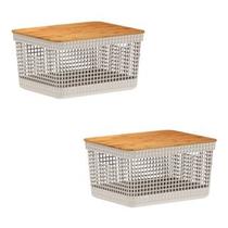 2x Caixa Organizadora Cesto Tampa De Bambu 8 Litros Grid Ou 2x Caixa Organizadora Cesto Tampa De Bambu 8 Litros Grid Ou