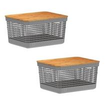 2x Caixa Organizadora Cesto Tampa De Bambu 8 Litros Grid Ou 2x Caixa Organizadora Cesto Tampa De Bambu 8 Litros Grid Ou