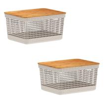 2X Caixa Organizadora Cesto Tampa De Bambu 8 Litros Grid Ou