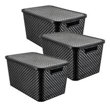 2X Caixas Organizadora Rattan 7 Litros Com Tampa Preta Kit 3