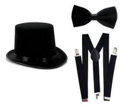 2X Cartola Chapéu + Gravata Borboleta + Suspensório Cor Pret