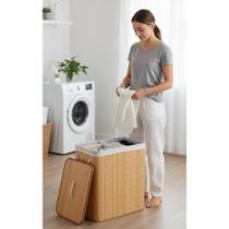2x Cesto Duplo Bambu 104L com Tampa: Roupas Organizadas