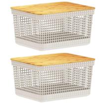 2X Cestos Organizador Ou Bege 8 Litros Com Tampa De Bambu