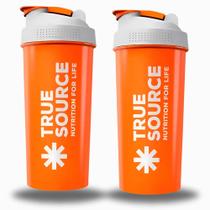 2x Coqueteleira 600ml True Source Laranja Prática, com tampa resistente e estilosa.