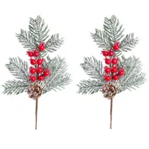 2x ENFEITE GALHO PINHA FOLHAS E FRUTAS VERMELHO VERDE 33CM NATALINO NATAL ÁRVORE DECORAÇÃO NEVADO 1103167