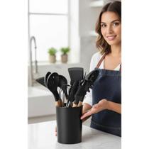2x Kit 12 Utensílios Silicone Madeira Preto Elegante Antiade